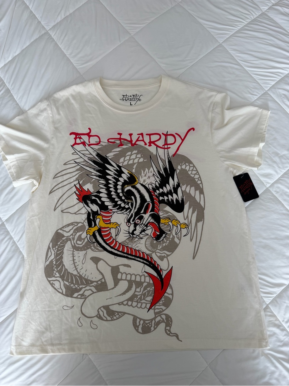 Ed Hardy Men’s White Graphic Tee with Eagle & Snake Print